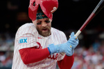 Drilled in the elbow by a pitch Bryce Harper leaves Phillies game with a bruise  Inquirercom