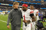 Jaxson Dart injures his knee as several Giants stars get banged up in loss to Rams  AP News